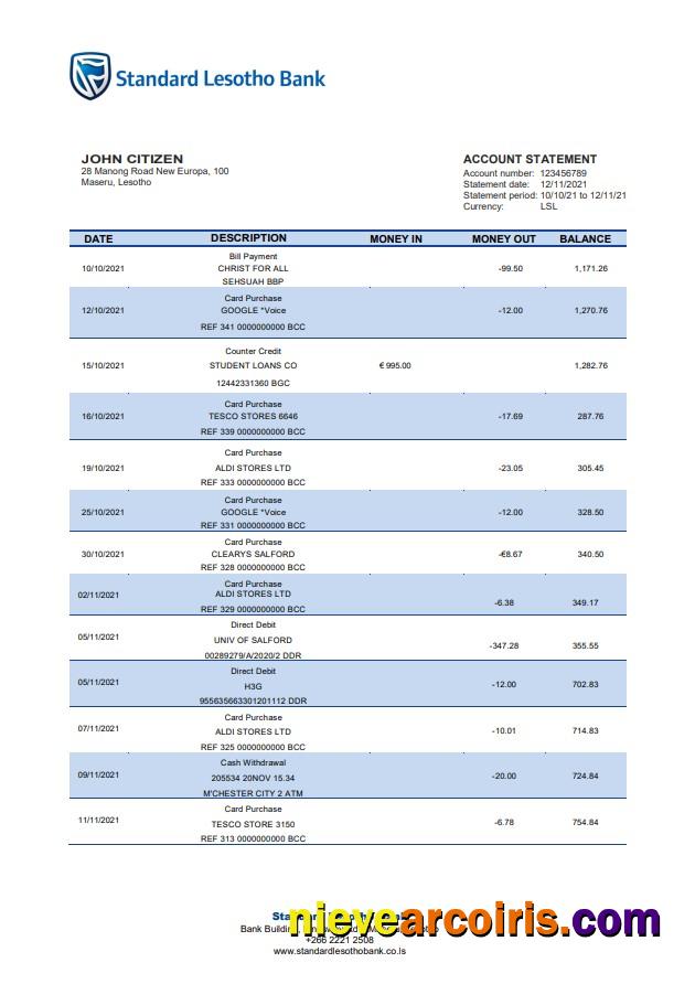 Lesotho Standard Lesotho Bank statement